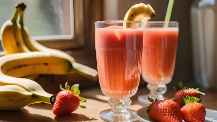 Segelas jus stroberi dan pisang segar di atas meja untuk menjaga kebugaran tubuh.